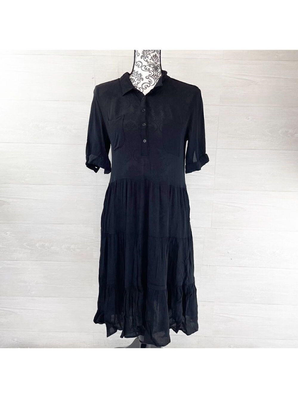 Ganni Madison Half Button Semi Sheer Tiered Midi Shirt Dress